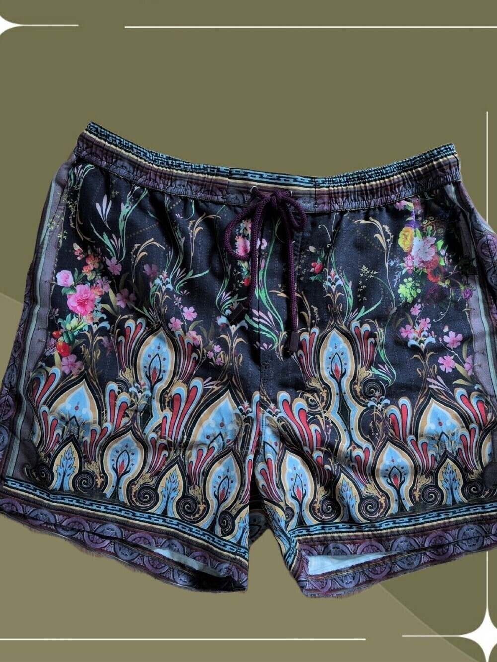 ✨ Camilla Purple Paisley Flamenco Style Men's Board Short Size L